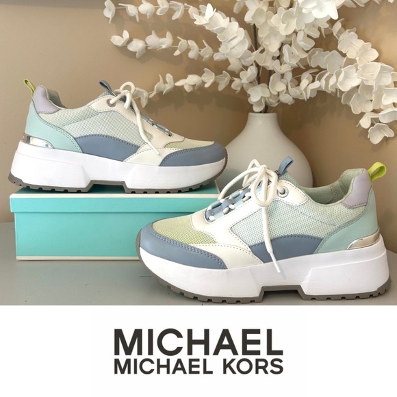 MICHAEL MK Platform Sneaker Pastel Blues and Silver Size 7 EUC - Picture 1 of 15
